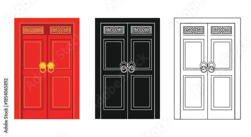 Three ornate double doors in red black and white variations