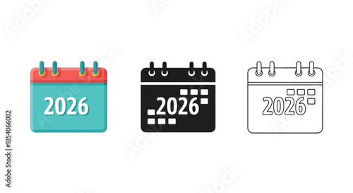 Three calendar icons displaying the year 2026 in varied styles