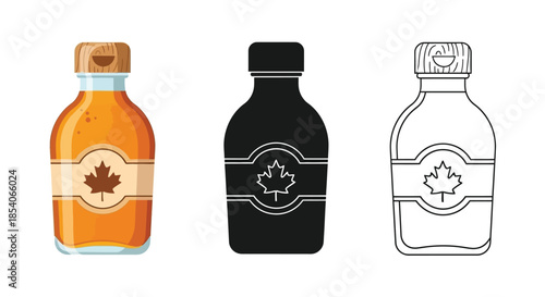 Three variations of maple syrup bottles in color black and outline styles