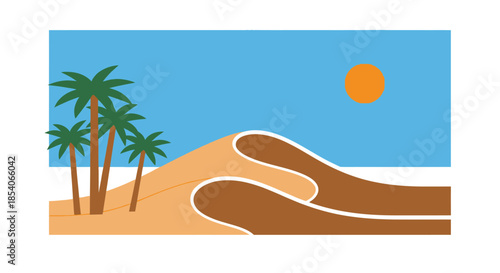 A serene tropical landscape featuring palm trees dunes and a setting sun