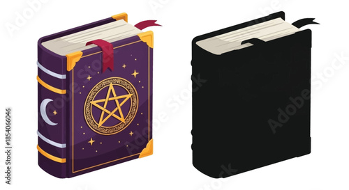 Magical spellbook with ornate details and a dark closed companion book
