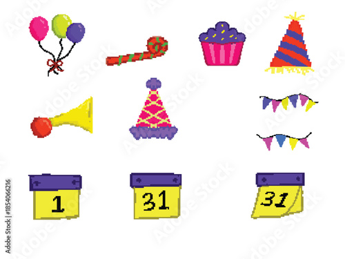 New Year Pixel Art Festive Party Supplies and Calendar Icons Collection