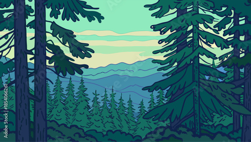 Sunrise over misty pine forest with dew‑spotting conifers