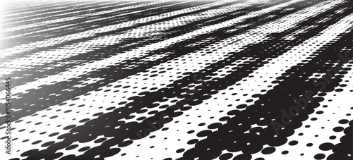 Abstract black and white halftone dot pattern with dynamic perspective lines creating a modern, high-contrast visual effect. Suitable for posters, branding, editorial design, and contemporary graphic