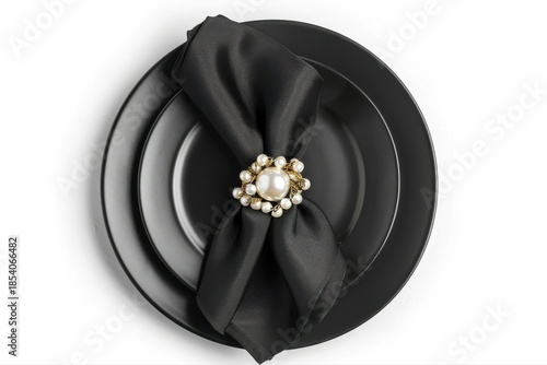 Elegant Black Plate Formal Napkin Luxurious Pearl Gold Napkin Ring Chic on transparent background