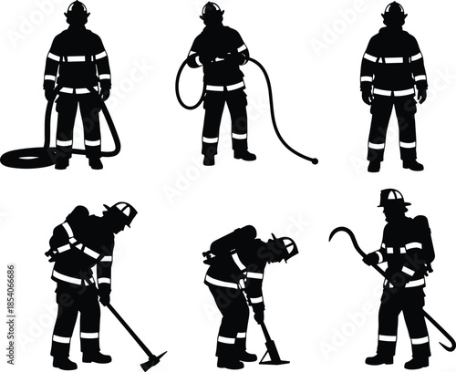 Firefighter silhouettes set, fireman emergency rescue poses, protective uniform equipment, hose axe tools, fire safety service vector illustration isolated background
