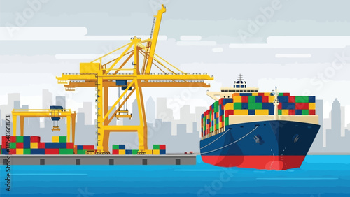 Cargo ship unloading containers at busy port with cranes