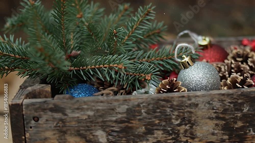 Rustic wooden crate overflowing with pine cones, silver ornament ball, and red Christmas baubles