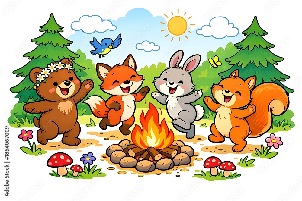 Fototapeta premium Cute Forest Animal Campfire Illustration with Bear Fox Rabbit Squirrel Dancing Around Fire Happy Woodland Friends Summer Nature Scene for Kids Storybook Cartoon Background
