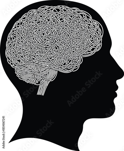 Complex brain structure inside human head silhouette