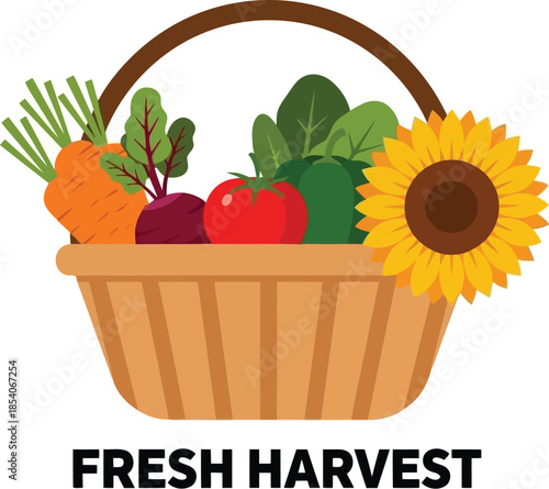 Fresh harvest basket with vegetables and sunflower