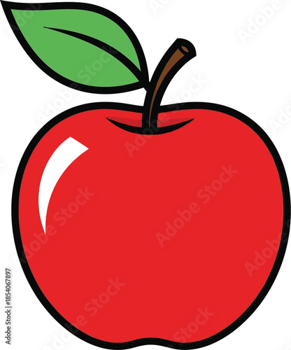A bright red apple with green leaf