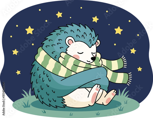 Adorable hedgehog sleeping peacefully under starry night sky