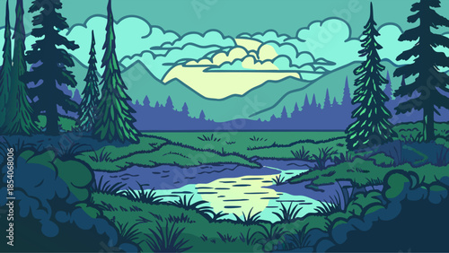 Sunrise Misty Mountain Valley with Reflective Lake - Serene Landscape