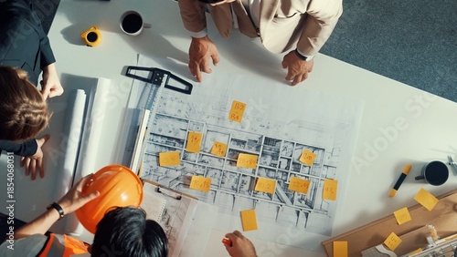 Top down view of architect engineer writing building structure idea on note and stick on blueprint. Aerial view of manager working on notes while consulting team about house structure. Alimentation.