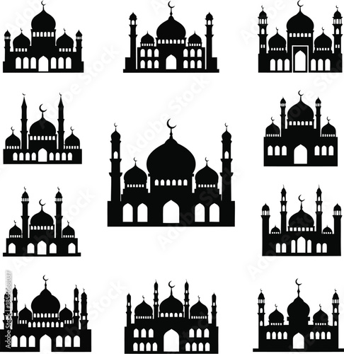 Collection of mosque silhouettes with domes and minarets