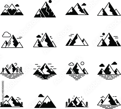 Collection of simple mountain icons in black and white
