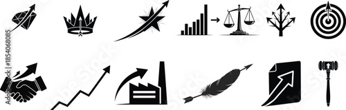 Collection of 12 black and white icons representing growth progress and achievement