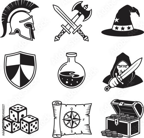 Collection of fantasy and medievalthemed icons and symbols