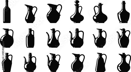 Antique glass bottle and jug silhouettes set, vintage oil vinegar decanter shapes, classic kitchen container collection, black vector illustration