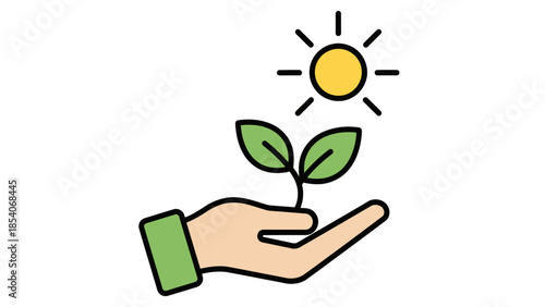 Hand Nurturing a Young Plant Sprout Under the Sun, Symbolizing Growth and Sustainability on an Isolated White Background