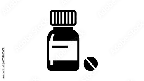 Black Medicine Bottle and Single Pill for Health Treatment on an Isolated White Background