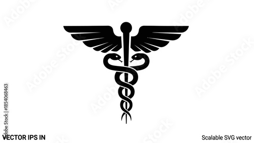 Black Caduceus Medical Symbol with Snakes and Wings Representing Healthcare on a Bright Studio Background