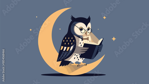 Wise owl reading book on crescent moon at night with stars