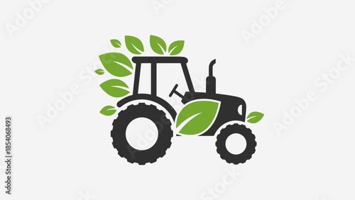 Green Agricultural Tractor with Leaves Symbolizing Sustainable Farming on Isolated White Background