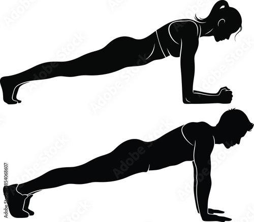 Silhouettes of a man and woman performing plank exercises demonstrating core strength and fitness