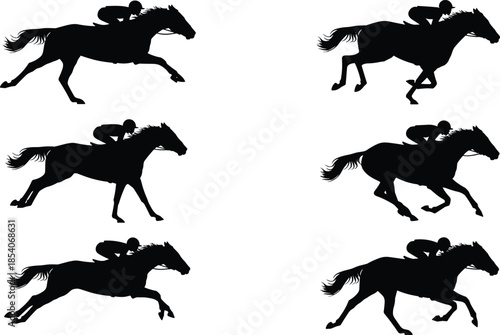 Horse racing silhouettes collection, jockey riding galloping horses isolated on white background, equestrian sport action illustration set vector design