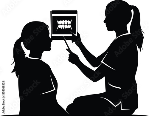 Dentist explaining dental xray to patient in clinic for treatment planning