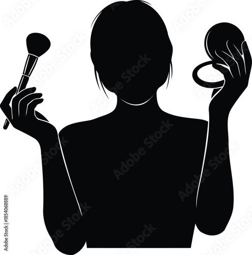 Silhouette of woman applying makeup with brush and mirror