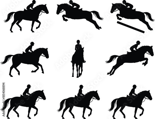 Horse riding silhouettes set, equestrian jumping galloping poses, show jumping sport competition, rider and horse action, vector illustration isolated background