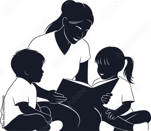 Mother reading storybook to her children, creating a warm and educational bonding moment at home