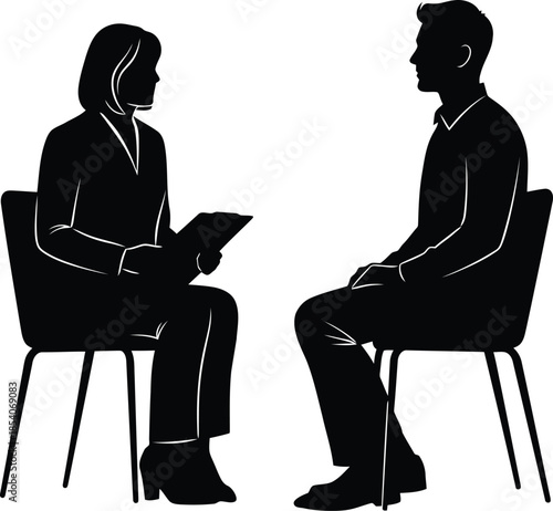 Silhouette of a woman and a man sitting opposite each other, depicting a business meeting or therapy session