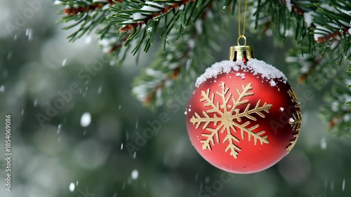 Shiny Red Christmas Ornament with Gold Snowflake Designs Dangling from Snowy Evergreen Branch in Winter