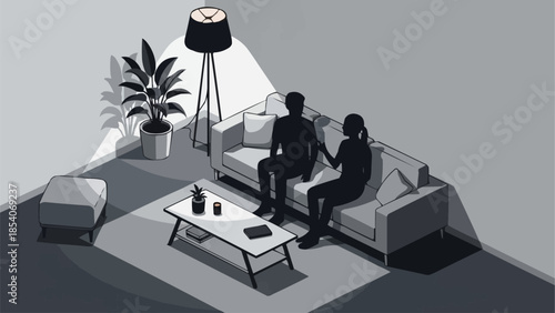 Couple Sitting on Sofa Together.