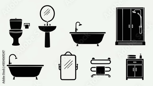 Bathroom Fixtures and Accessories Set Icons.