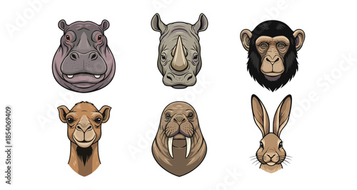 Collection of six distinct animal heads in a clean, modern illustration style