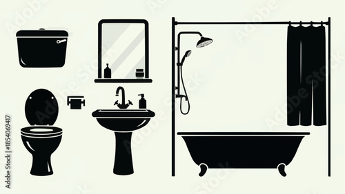 Bathroom Fixtures and Accessories Silhouette Illustration.