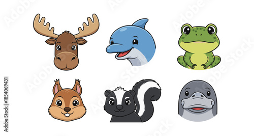Collection of cute cartoon animal faces including moose, dolphin, frog, squirrel, skunk, and platypus