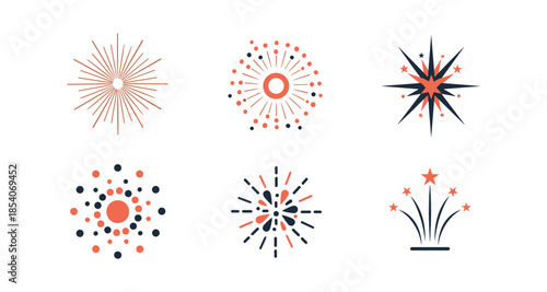 Collection of six stylized fireworks and starburst graphic icons in a flat design style