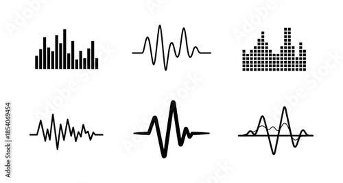 Collection of diverse audio waveform and equalizer icons on a white background