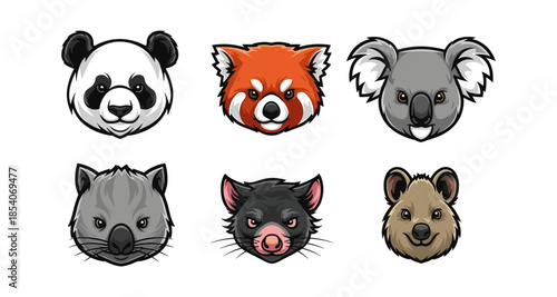 Collection of six cute cartoon animal heads including panda, red panda, koala, wombat, Tasmanian devil, and quokka