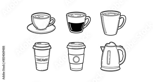 Collection of hand-drawn coffee cups, mugs, and electric kettle icons