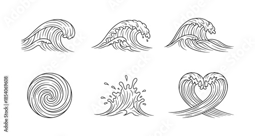 Collection of stylized wave illustrations in a minimalist line art style