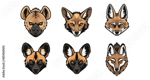Collection of six stylized wild animal heads including hyena, fox, and wild dog