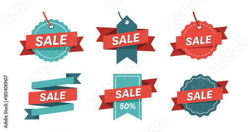 Collection of modern sale tags and ribbons for retail promotions