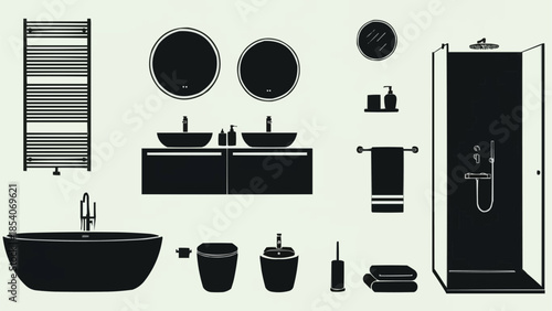 Bathroom Fixtures and Accessories Illustration Set.